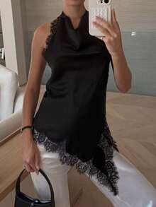 Camellia Summer New Arrival Women's Fashion Sexy Halter Neck Lace Blouse - Black 1 - View 4