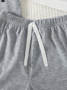 2件套男童休闲时尚字母印花插肩袖连帽衫上衣和仿抽绳短裤，春夏款 - 灰色 - 查看 8