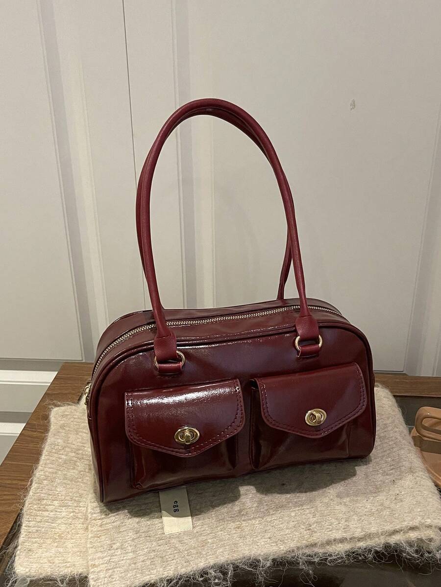 1pc Minimalist Retro Zipper Tote Bag, Decorated With Pockets, Dual Handles, Suitable For Women's Casual And Commuting Daily Use - Burgundy - View 1