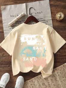 Camiseta de cuello redondo de manga corta con estampado gráfico informal para niño preadolescente, top de verano - Albaricoque - Ver 2