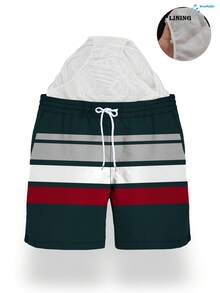 Pantalones cortos de verano para hombres con estampado impreso, cintura con cordón, bolsillo en diagonal, secado rápido de doble capa con forro de malla, de color contrastante con estampado artístico 3D, traje de baño casual y de playa de moda para vacaciones - Multicolor - Ver 3