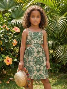 Young Girls' Tropical Print Hollow Out Waist Vacation Sleeveless Hollow Dress, Summer - Army Green - View 3