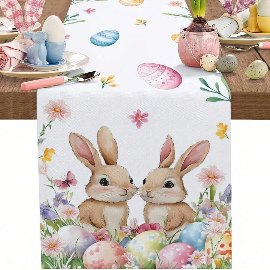 1pc Spring Easter Bunny Table Runner, Colorful Eggs & Floral Rustic Style Table Runner, Linen-Feel Farmhouse Table Runner, Seasonal Spring Kitchen Decor, Outdoor Holiday Party Decoration, Suitable For Home Decor, Family Party Table Setting - Multicolor - View 1