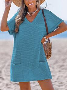 Summer Women's V-Neck Waffle Knit Dress Loose Short Sleeve Mini Dress With Pockets Casual Beach Cover-Up Dress Casual Split  Beach  Vacation - 青碧色 - 查看 5