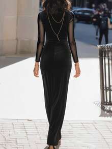 长款橄榄绿丝绒正式礼服，优雅女士派对礼服，黑色春季款 - 黑色 - 查看 2