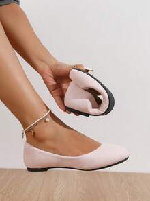 Women's Bow Decor Round Toe Slip-On Flats - Comfort Padded Insole Stylish Casual Shoes, Ladies Versatile Footwear For Office Commute Date & Daily Wear - 粉色 - 查看 3