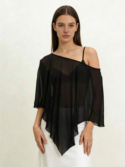 Women Sheer Tops, Solid Irregular Cover-Up Loose Summer Clubwear For Street Party