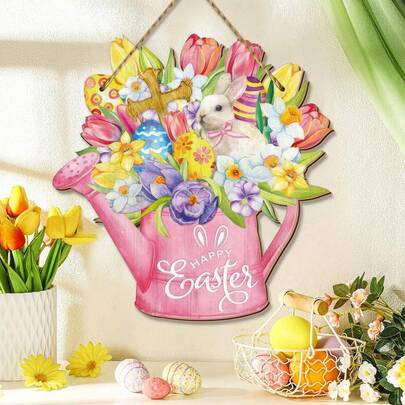 1件复活节木质门牌，彩色花朵悬挂装饰，户外复活节乡村风格木质门挂，适用于家居门廊花园装饰