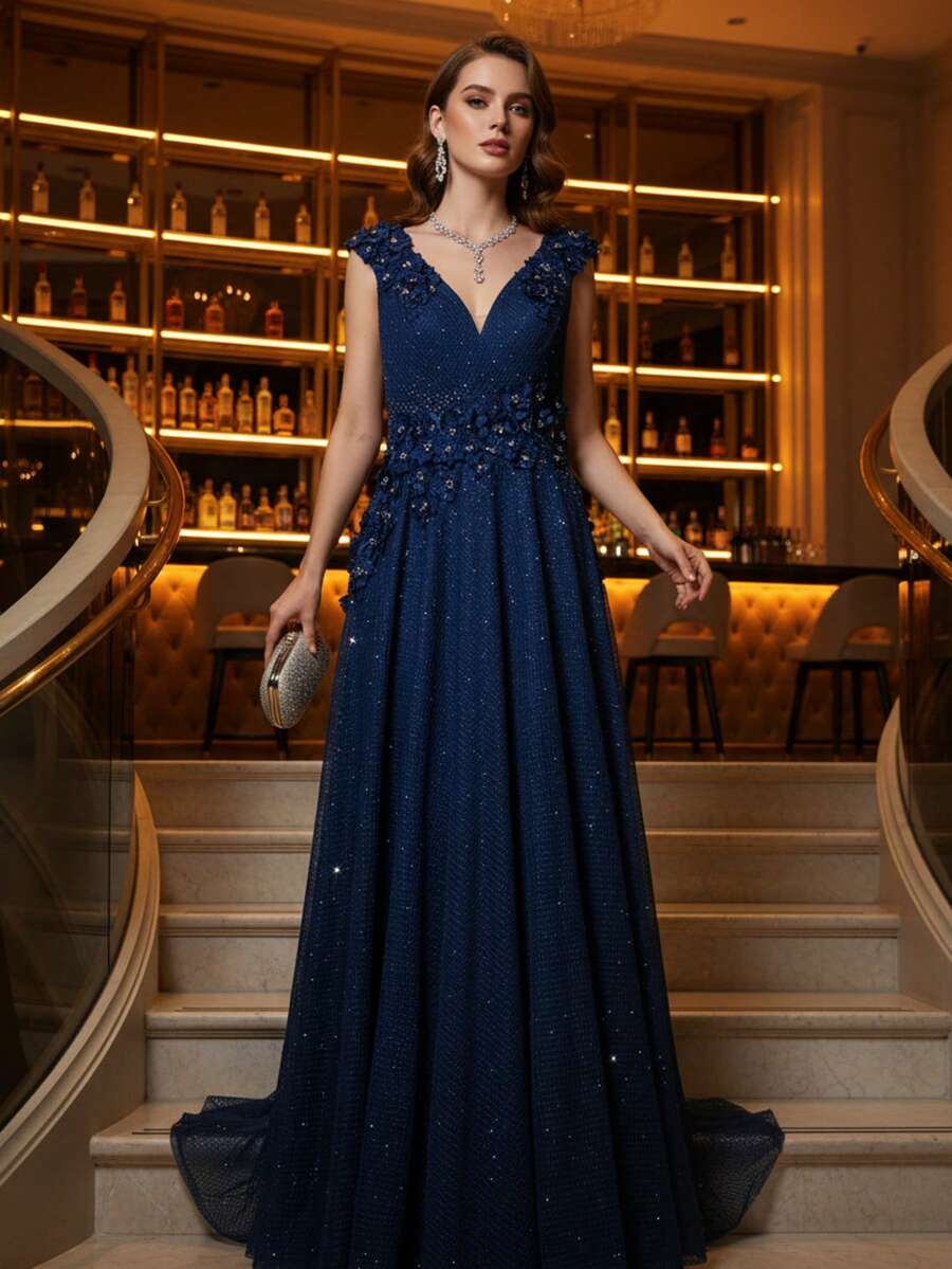 Women's Delicate 3D Floral Beaded Evening Dress: Rhombus Iridescent Mesh V-Neck Fitted Gown, Handcrafted Rhinestone High-End Formal Wear