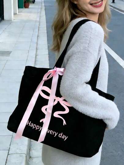 Women's Retro Bow Canvas Tote Bag With English Slogan – Large Capacity Pink Ribbon Handbag, Aesthetic Shoulder Bag & Reusable Shopping Tote, Valentine's Day Gift, Mother's Day Present, Holiday Hot Search Fashion Tote For Daily Commute, Shopping, Travel, Work & School, Stylish Grocery Bag, Casual Carryall, Fashion Shopper, Weekend Tote, Gift For Her