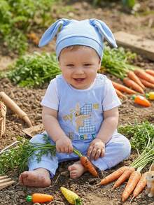Conjunto de 3 piezas para bebé niño, primer atuendo de Pascua, mono liso de manga corta, pantalones a rayas/cuadros y gorro con orejas de conejo, primavera - Blanco - Ver 3