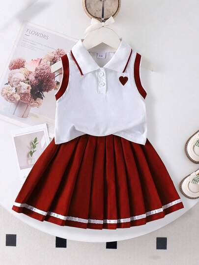 2 件女式学校运动心形刺绣无袖 Polo 衫和百褶裙套装，夏季