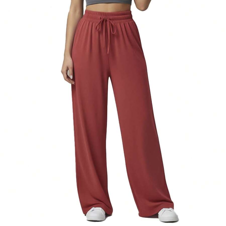 Women's Wide-Leg Sweatpants, High Waist, Faux Drawstring, Wide Waistband, Flare Leg, Comfortable Summer Style - 紅色 - 查看 1