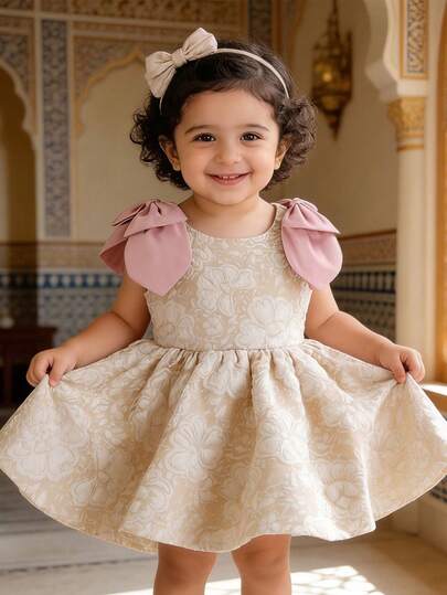 XUMPLO Elegant guldfärgad 3D-blommig axelbandslös rosett, ärmlös kort festklänning för spädbarn, prinsessklänning för födelsedag, fest, högtid