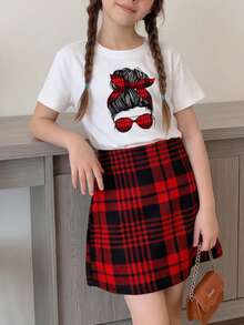 2pcs Y2K Aesthetic Girls Outfit, Red & Black Plaid + Graphic Tee + Plaid Skirt, Casual Streetwear, Birthday Party, Suitable For 8-12 Years Old - Red - View 4