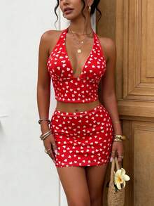 Valentine's Day Red Heart Print Two Pieces Set, Sexy Deep V Halter Crop Top & Mini Skirt For Date Night - Multicolor - View 5