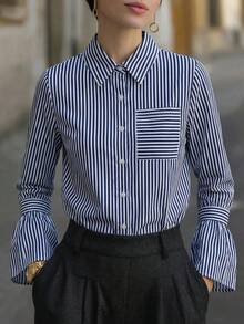 Women's Elegant Spring/Summer New Striped Shirt, Flared Sleeves, Chest Pocket, Contrast Color Striped Long Sleeve Shirt, Business Meeting, Casual Gathering, Fashion Striped Contrast Color Pocket Front Button Striped Flared Sleeve Shirt Single Item, Office Daily, Airport, Dating, Back To School, Party, Spring/Summer - Blue - View 8