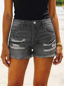 Shorts jeans femininos de cintura alta com efeito desgastado, modelo folgado para o verão com barra desfiada. - Cinza escuro - Ver 7
