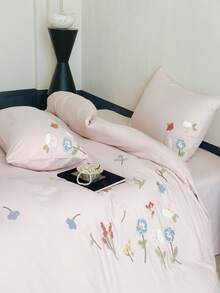 一套三件白色花卉植物刺绣床上用品，包括1个被套和2个枕套，超柔软透气时尚被套 - 淺粉色 - 查看 8