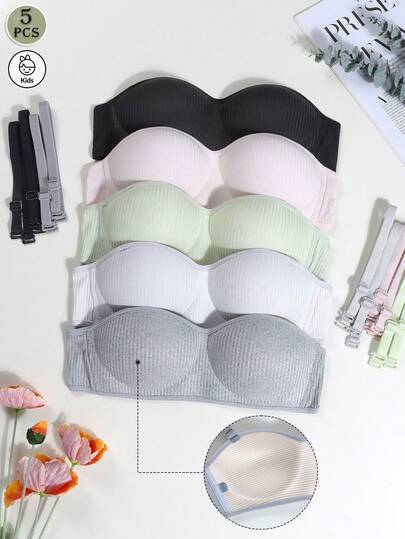 5 pièces/set Débardeurs en coton stretch de couleur unie simples pour adolescentes, soutiens-gorge bandeau confortables avec bretelles amovibles