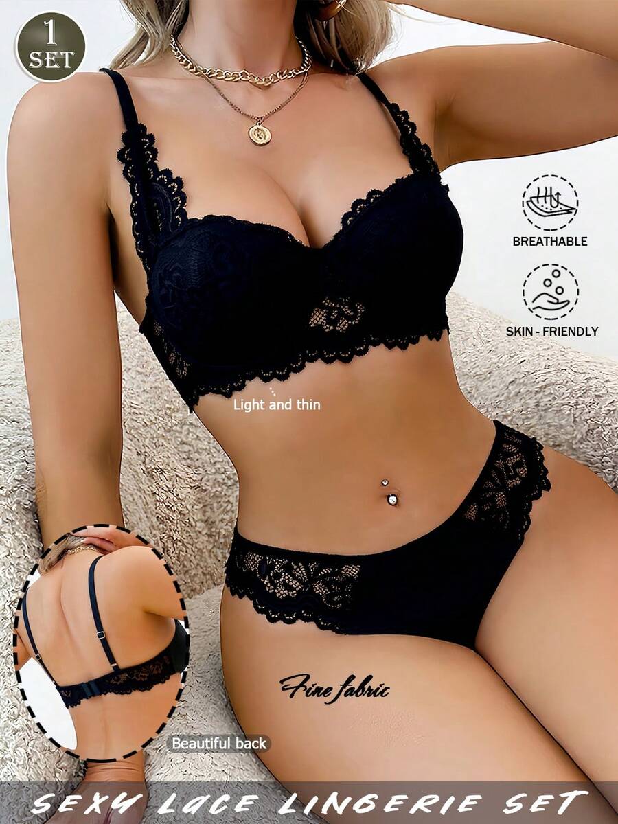 1 Set Women's Black Sexy Lingerie Set, Elegant Lace Breathable Non-Sagging Bra Set, Comfortable Bra Set