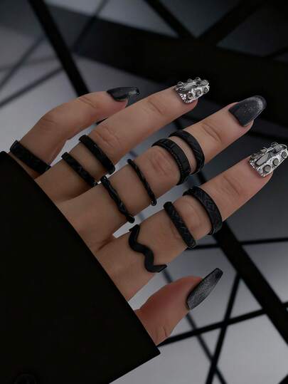 10件套朋克风创意戒指，面戒指套装，女士配饰