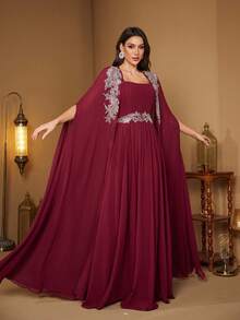Đầm dạ hội cao cấp thanh lịch bằng chiffon, cổ vuông, phối sequin, tay áo choàng, xếp ly ở phần ngực, chất liệu chiffon dành cho nữ của SUPGIR. - Màu Đỏ Sâu - Xem 5