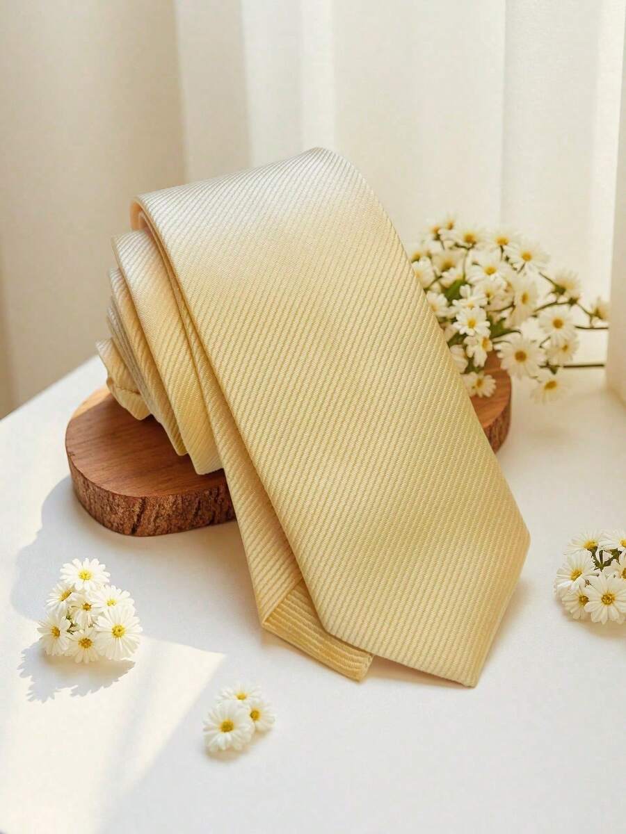 1pc Men's Solid Light Pink Thin Stripe Textured Casual Necktie, Suitable For School, Suit, Commute, And Daily Wear - Light Yellow - View 1