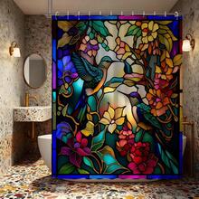Colorful Artistic Print Waterproof Mildew-Resistant Weighted Bottom Shower Curtain, No Drilling Required, Painted Glass Style Hummingbird & Floral Pattern, Comfortable Bathroom Space - Red and Blue - View 8