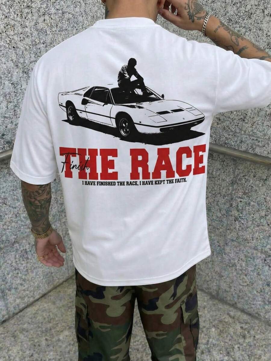 Áo thun nam dáng rộng in hình đua xe, khẩu hiệu chữ, phong cách đường phố năng động, thích hợp cho mùa hè, in hai mặt, chất liệu mềm mại. - trắng - Xem 1