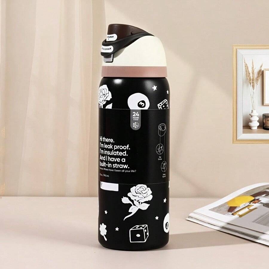 24oz /32oz Stainless Steel Insulated Water Bottle With Straw, Portable Coffee Mug Suitable For Hot & Cold Drinks, Fitness And Cycling Water Bottle, Leak-Proof Lid Travel Cup For Camping, Hiking, Driving, Outdoor Activities - 撲克黑 - 查看 1