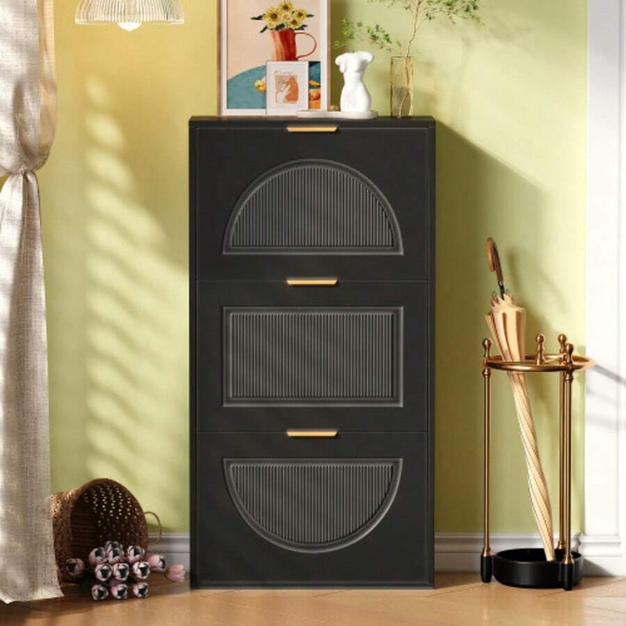Schuhkipper Schmal Mit 3 Klappen, Schuhschrank, Schuhschrank Schuhkommode Für Flur Wohnzimmer ,Schwarz, Masse:60 X 24 X 114cm(OLD SKU N657P285156S) - Black - View 1