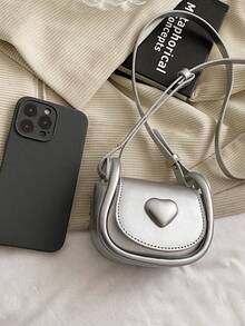 Mini Fashionable Crossbody Bag, Minimalist Heart Shaped Saddle Bag - Silver - View 5