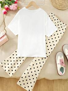 Girls' Bow Polka Dot Pattern Round Neck Short Sleeve T-Shirt + Random Cut All-Over Polka Dot Flare Pants, New Summer/Spring Girls Outfit - Multicolor - View 2