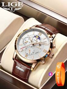 LIGE Fashion Men's Quartz Watch Sun-Moon Dial Design Water-Resistant For Daily Wear Luminous Classic Triple-Subdial Design Clock-Style Hour Hand Men's Timepiece - Silver - View 12