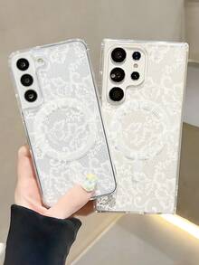 1pc White Lace Pattern Transparent Magnetic Phone Case Compatible With Samsung Galaxy S26Ultra S26Plus S26 S25 S24 S23 S22 Plus FE Edge A56 A54 A36 A35 17promax  Air 17pro 17 16E 16 15 14 13 12 11 X XS XSMAX Plus Pro Case - 無色 - 查看 10