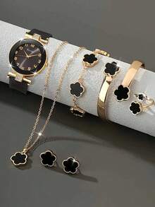 7件套多功能黑色星空石英数字手表套装，搭配幸运花项链、手链、戒指、耳环和珠宝配饰，是情人节和复活节送给女性的理想礼物。 - 黑色 - 查看 9