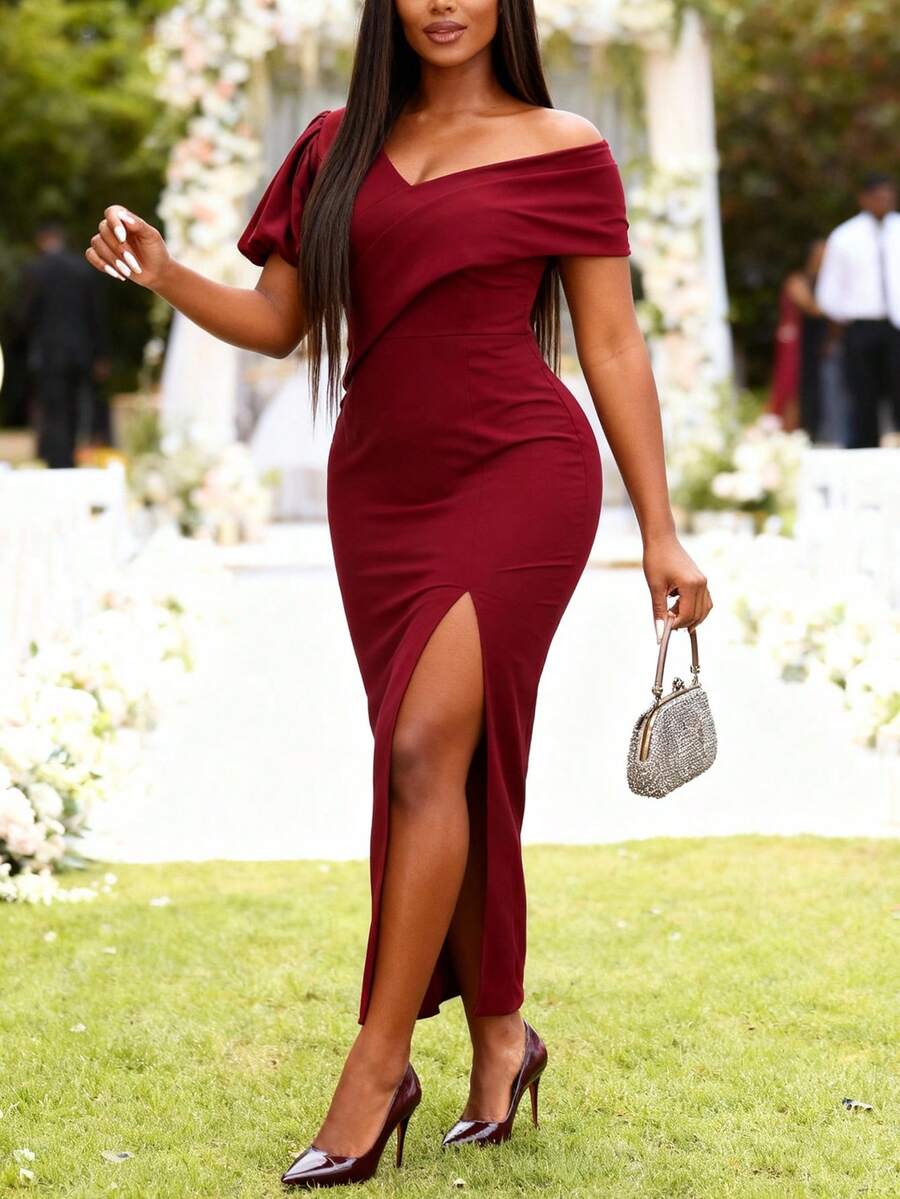 女士正式白色长款晚礼服，优雅V领露肩单袖不对称开衩设计，适合庆典、约会、派对、婚礼、伴娘、毕业典礼、婚礼宾客等场合，全白派对礼服 - 紅色 - 查看 1