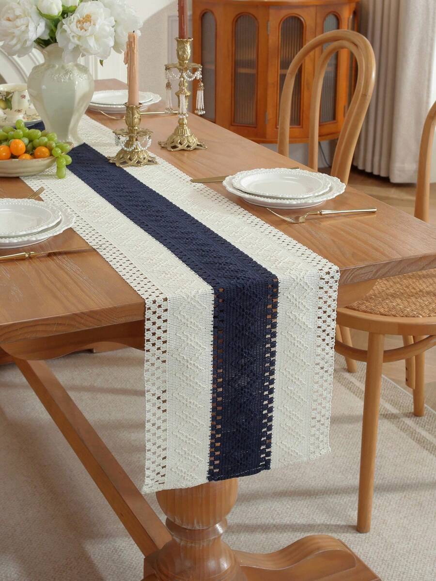 1pc Bohemian Style Tablecloth, Home Dining Table Decor Table Runner, Farmhouse Vintage Tablecloth Decor, Suitable For Living Room, Holidays, Bridal Shower Gifts - Navy Blue - View 1