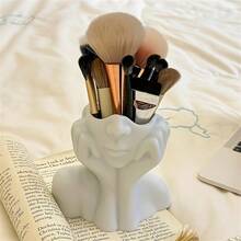 1pc Cute Face Shaped Makeup Brush Holder, Multifunctional Desktop Pen Cup, Minimalist White Resting Face Replica, Artistic Desktop Decor, Practical & Stylish, Comes With High-End Ambiance, Compact & Useful, Made Of Plastic, No Assembly Required - Multicolor - View 9