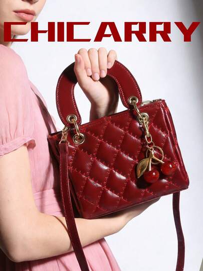 Summer Women's Casual Elegant Tote Bag, Quilted Plaid Craftsmanship, Burgundy Red Bride Bag, Beach Vacation Bag, With Red Cherry Pendant, Refined College Student Everyday Bag, Side Bag, Suitable For Shopping, Dating, Vacation, Commuting, Fits Phone And Wallet