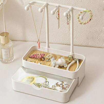 Double Layer Jewelry Holder Stand, Desktop Hanging Earring/Necklace/Bracelet/Ring/Key Organizer Tray, Makeup Vanity Storage Rack, Wooden & Metal Display Stand Back To School