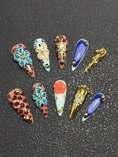 10-Piece Pure Handmade Wearing Nail Pressing Nails 33mm Thin High Heel Long Nail Three-Dimensional Modeling Glue Carving Technology Multi-Color Matching Fading Technology Red Blue Carving Cute Fashion Versatile Suitable For Women To Wear. There Are Three Sizes To Choose From Suitable For A Variety Of Occasions, Party Dance And Daily Wear