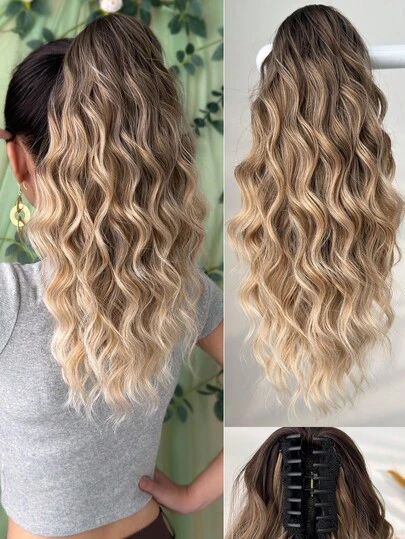 18 Inch Ombre Brown Wavy Heat-Resistant Synthetic Fiber Ponytail Hair Extension, Suitable For Women's Party And Daily Use