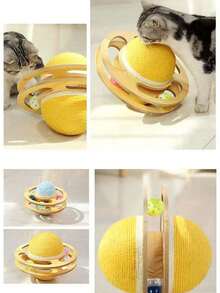 1pc Sisal Ball Turntable Cat Scratch Toy Rotating Asteroid Double-Sided Spherical Tumbler Interactive Cat Toy With A Bell Ball To Attract Cats' Attention Wear-Resistant Cat Accessories No Batteries Required - Multicolor - View 3