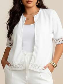Plus Size Women White Jacket Coat, Spring/Summer Lace Patchwork Waist Fitted Short Sleeve Top, Casual Commuter Short Jacket - White - View 4