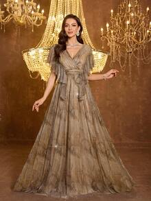 UNITHORSE [Random Print] Women V-Neck Ruffle Sleeve Fitted Backless Mesh Evening Dress - Brown - View 1