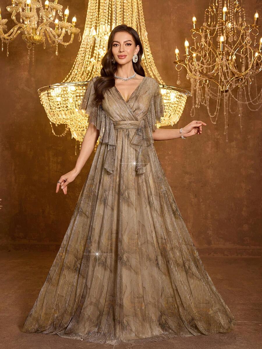 UNITHORSE [Random Print] Women V-Neck Ruffle Sleeve Fitted Backless Mesh Evening Dress - Brown - View 1