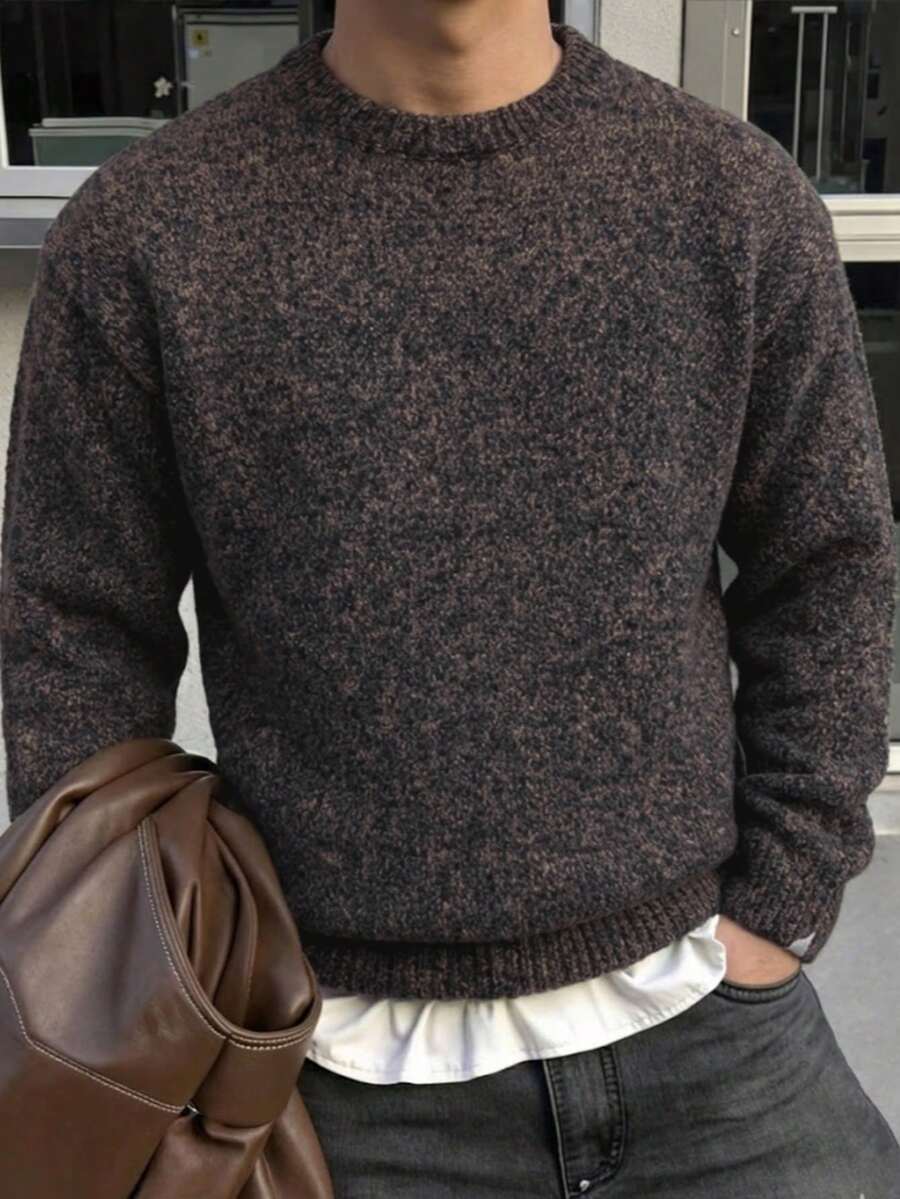 Men's Solid Color Minimalist Fashion Casual Neutral Loose Comfortable Lazy Round Neck Long Sleeve Knit Sweater Autumn/Winter - Brown - View 1