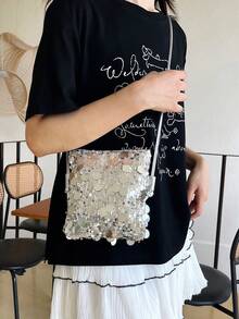 1个绗缝开合式PVC亮片小方包，时尚闪亮亮片零钱包手机包，女士派对活动包，新款时尚链条斜挎包，闪亮亮片别致单肩包，适合女士出席宴会和派对 - 銀色 - 查看 5